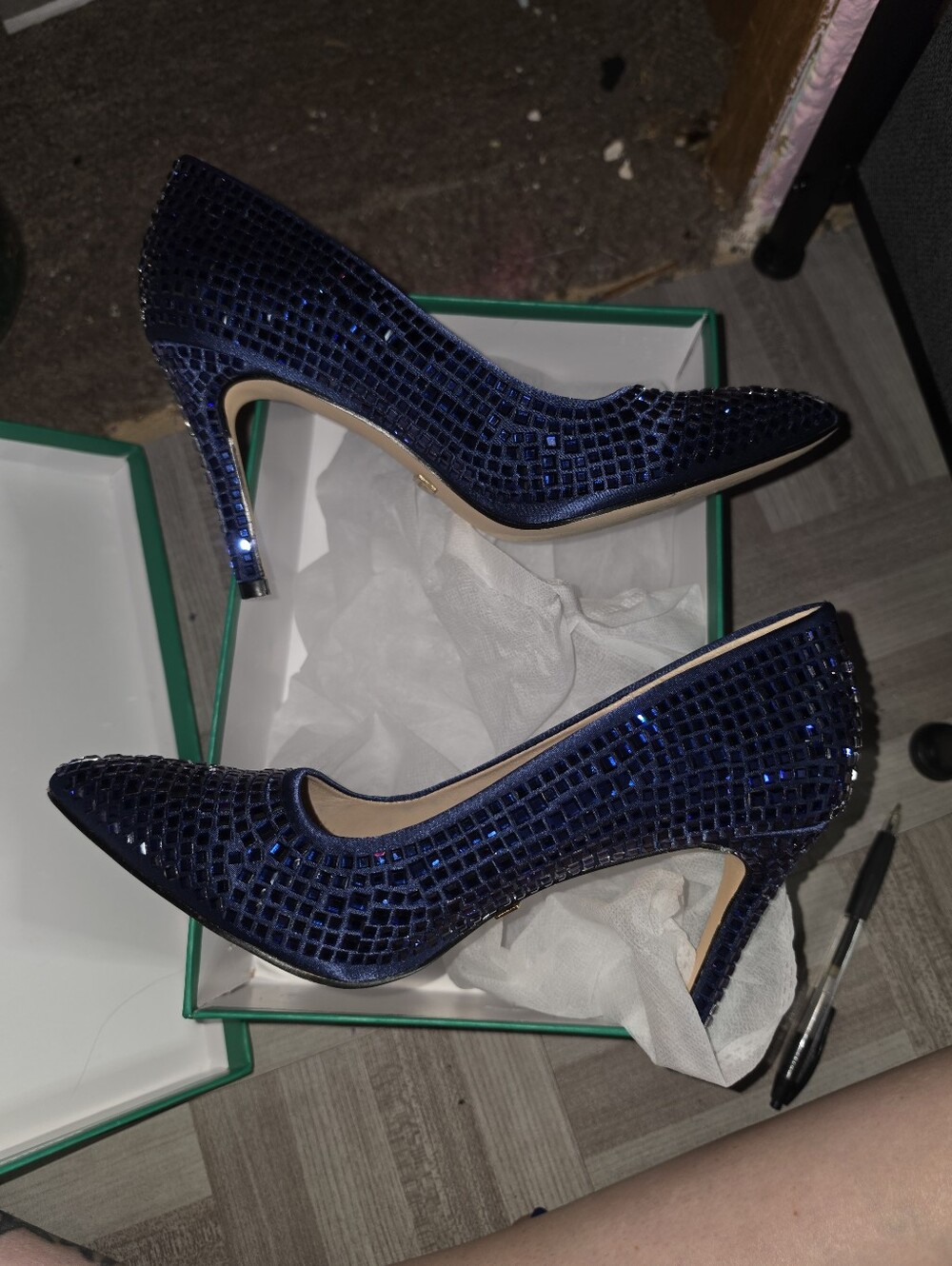 Navy Blue Sequin Pointed-Toe Stiletto Pumps